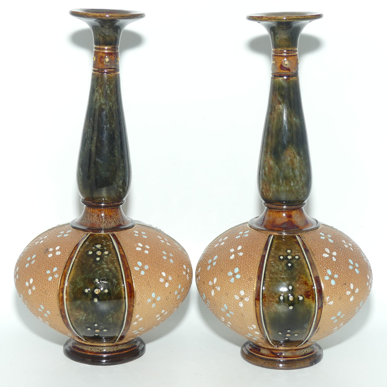 Royal Doulton stoneware pair of narrow neck bulbous vases with blue & white enamelling highlights (stamped 8331)