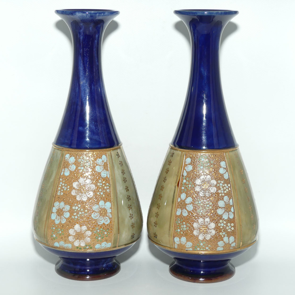 Royal Doulton pair of stoneware vases with blue, green & white enamelled flowers and gilt highlights (stamped 8334) #2