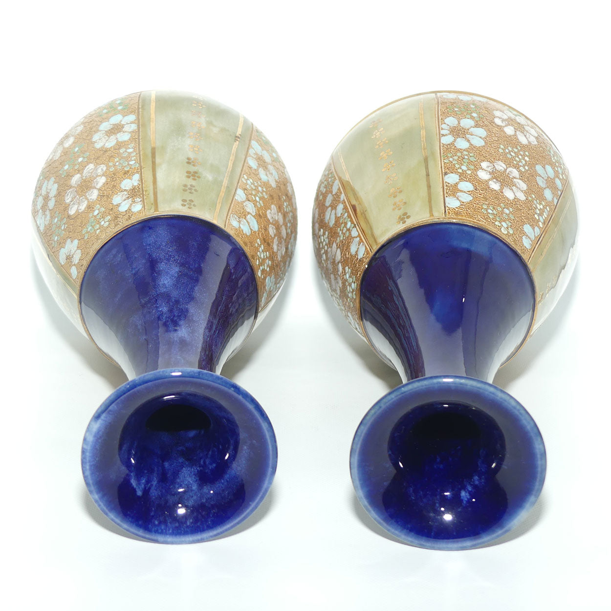 Royal Doulton pair of stoneware vases with blue, green & white enamelled flowers and gilt highlights (stamped 8334) #2
