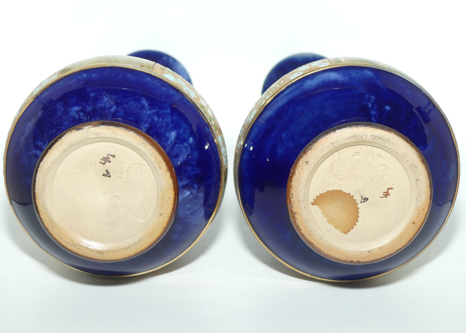 Royal Doulton pair of stoneware vases with blue, green & white enamelled flowers and gilt highlights (stamped 8334) #2