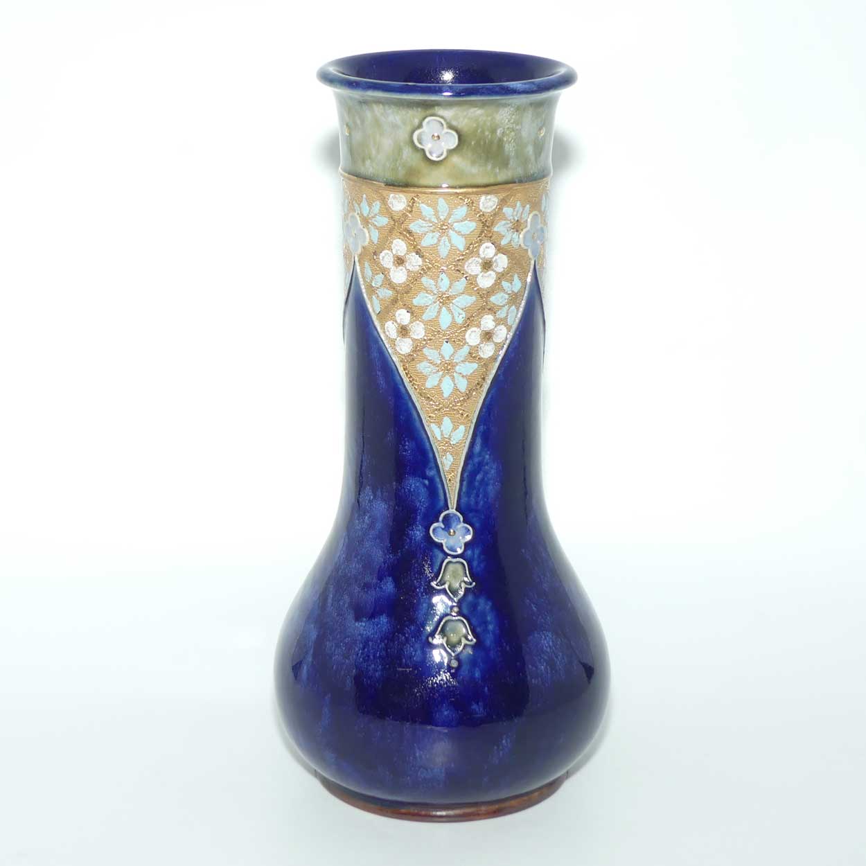 Royal Doulton Lambeth Blue glaze vase with applied floral decor and gilt decoration | 8348
