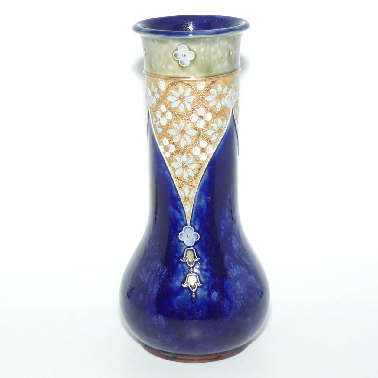 Royal Doulton Lambeth Blue glaze vase with applied floral decor and gilt decoration | 8348