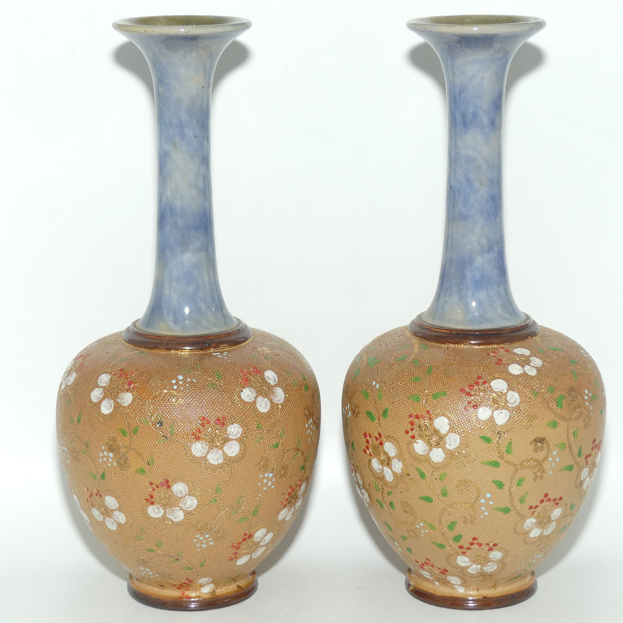 Royal Doulton pair of stoneware narrowneck bulbous vases with red, white & green enamelling and gilt highlights (stamped 8420)