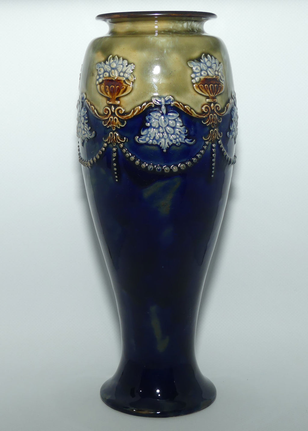 Royal Doulton stoneware vase with applied beads, foliage and urns filled with fruit | stamped 8699 