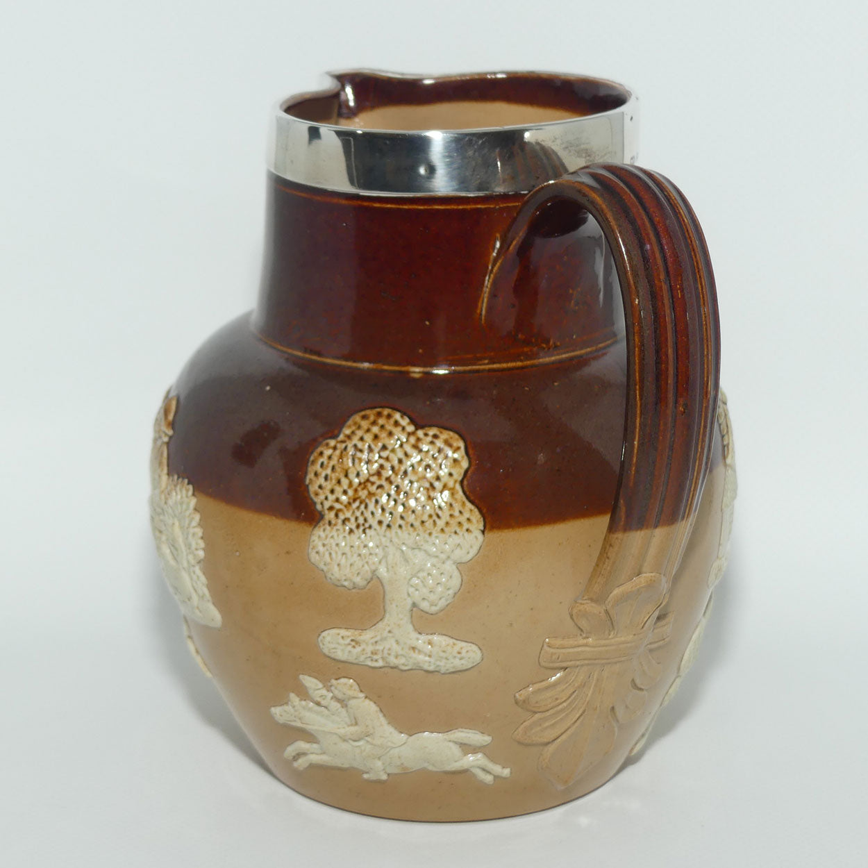 Doulton Lambeth Harvest Hunting jug | Shape 9606 | Sterling Silver rim | Birmingham 1899