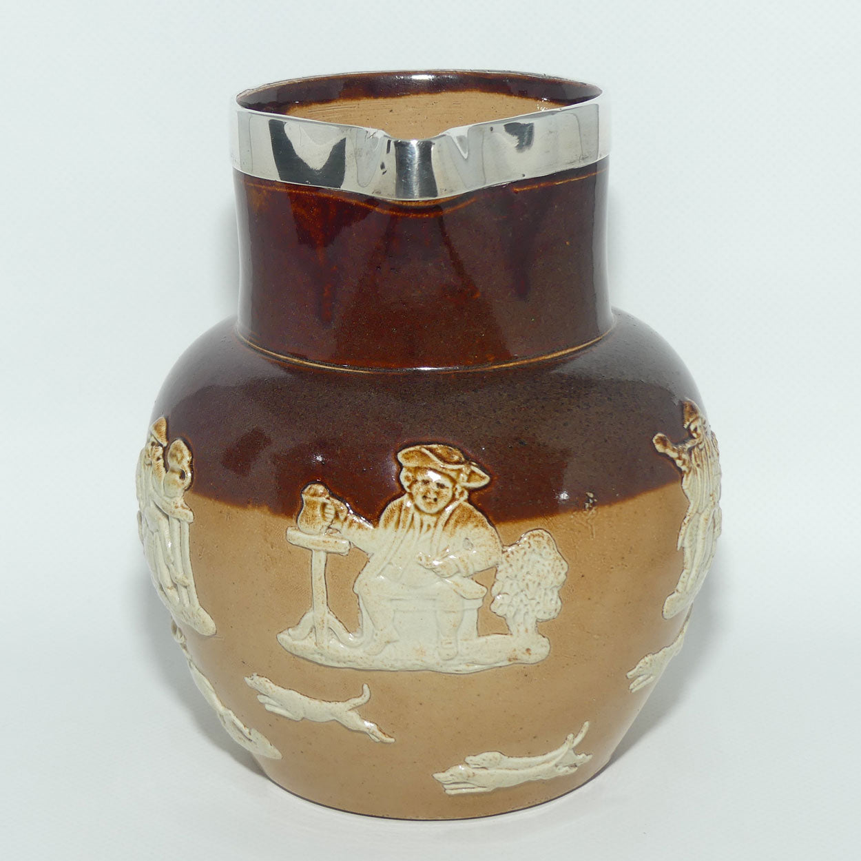 Doulton Lambeth Harvest Hunting jug | Shape 9606 | Sterling Silver rim | Birmingham 1899