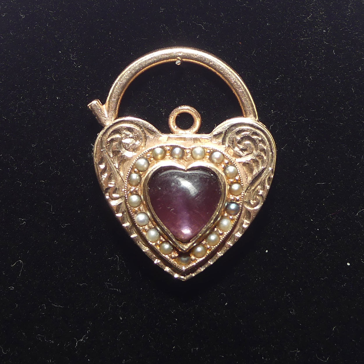 9ct Yellow Gold Heart Padlock set with Cabochon Amethyst and Seed Pearls | Valued $5900