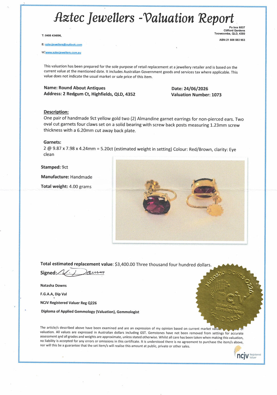 9ct Yellow Gold Almandine Garnet earrings | screw on | Valued $3400