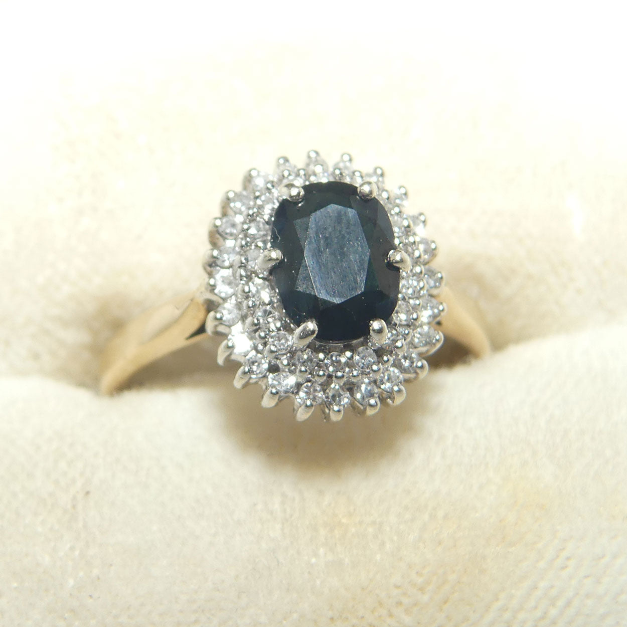 9ct Yellow and White Gold Blue Sapphire and 42 Diamond Dress Ring | Valued $3500