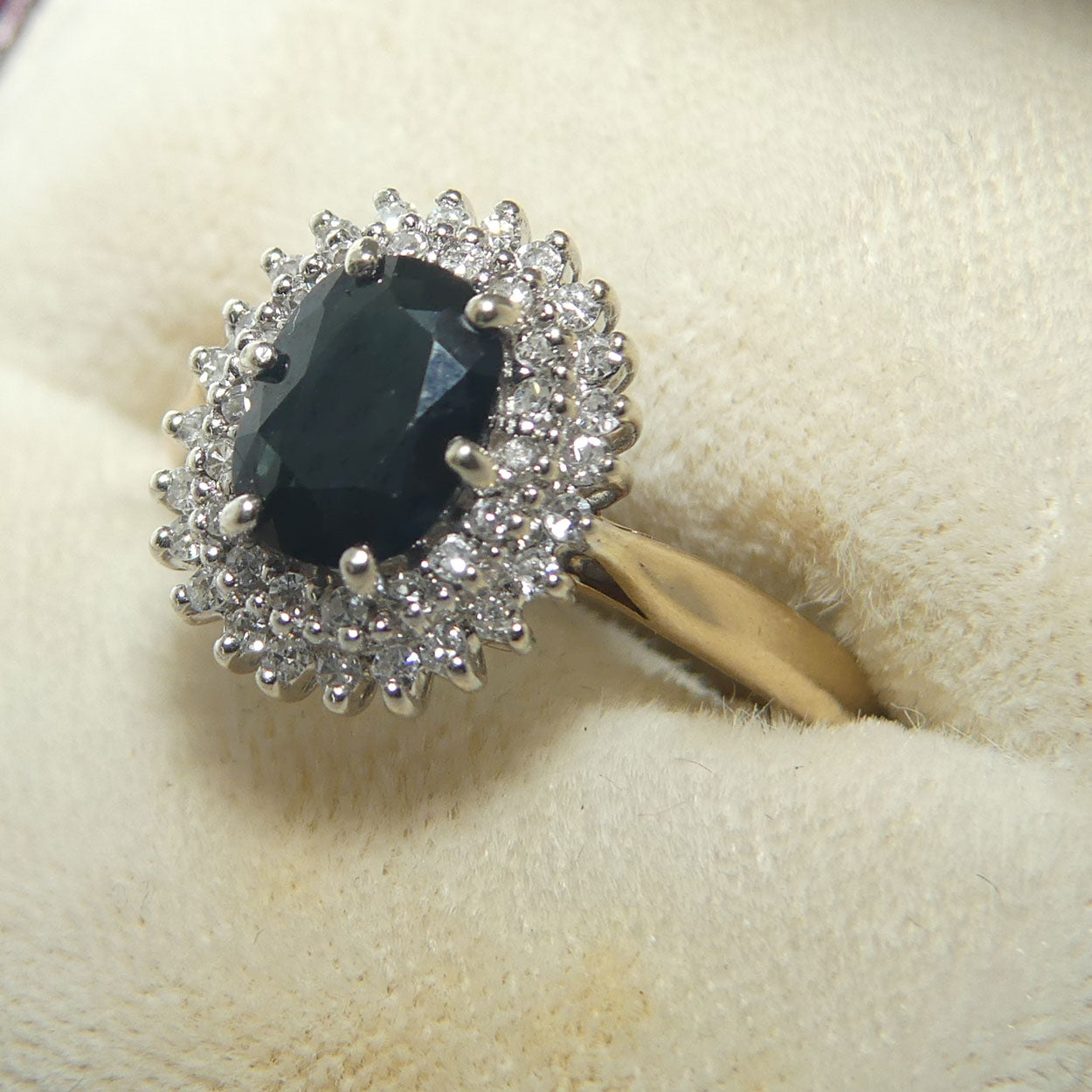 9ct Yellow and White Gold Blue Sapphire and 42 Diamond Dress Ring | Valued $3500