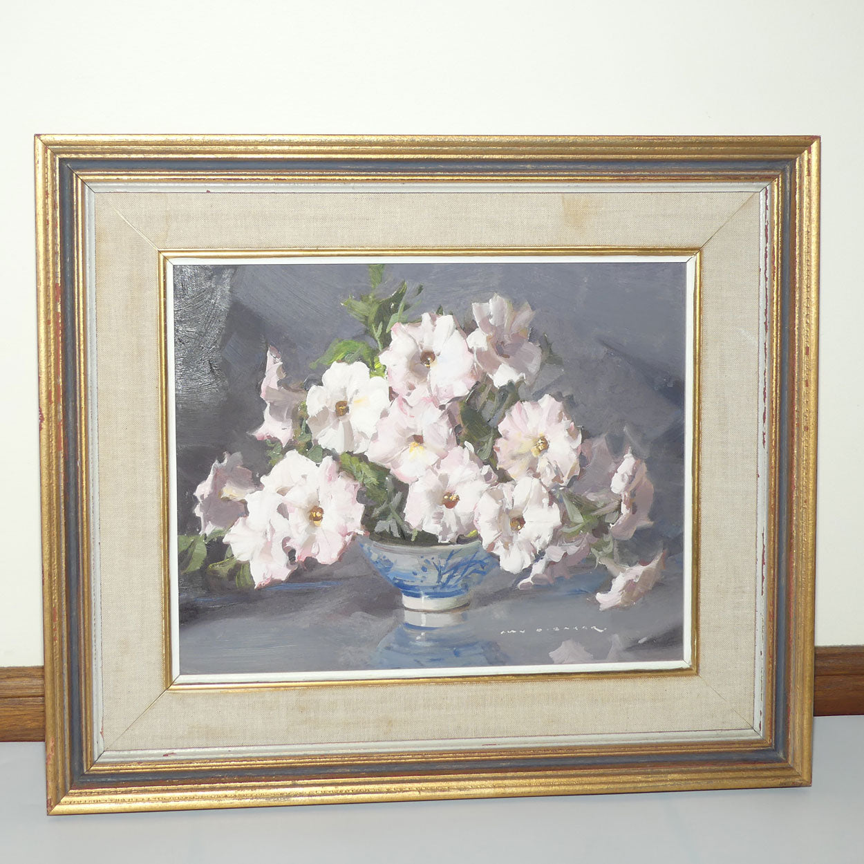 Original Oil on Board | Framed | Pale Pink Petunias | by Alan D Baker