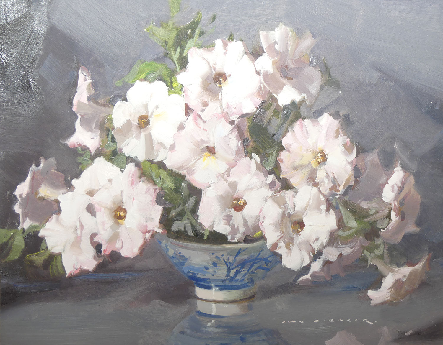 Original Oil on Board | Framed | Pale Pink Petunias | by Alan D Baker