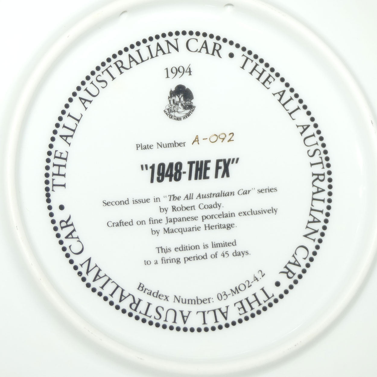 Bradex 03 M02 4.2 plate | The All Australian Car Series | 1948 The FX Holden | Plate Number A-092