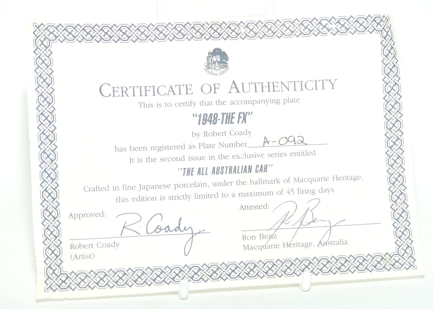 Bradex 03 M02 4.2 plate | The All Australian Car Series | 1948 The FX Holden | Plate Number A-092
