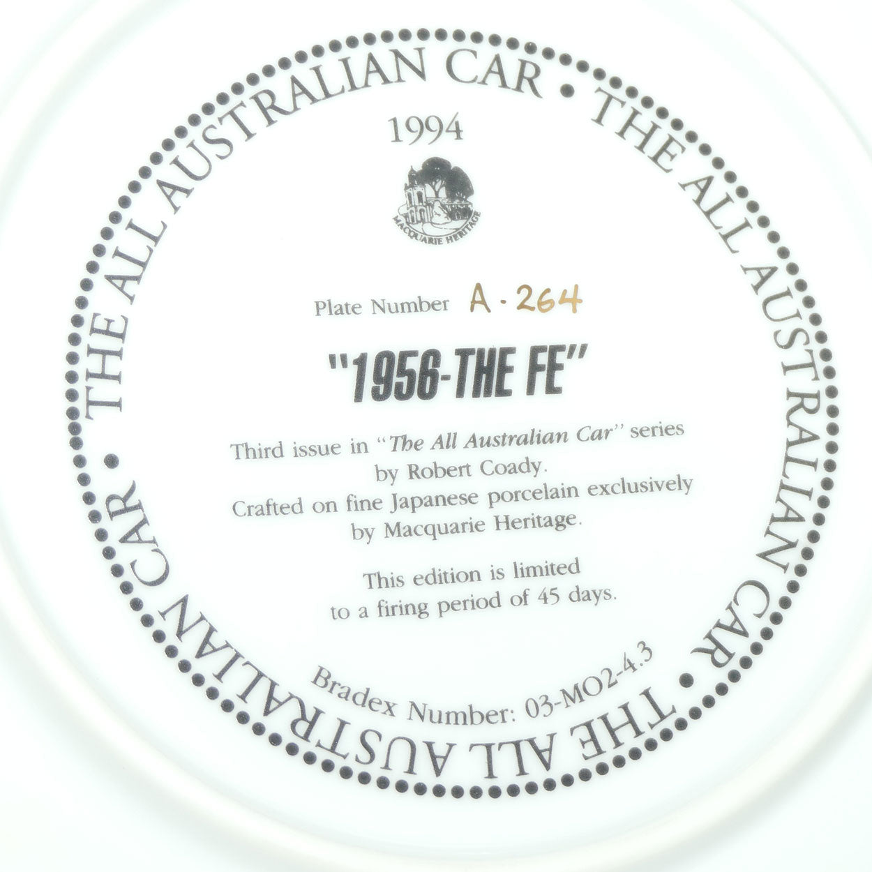 Bradex 03 M02 4.3 plate | The All Australian Car Series | 1956 The FE Holden | Plate Number A-264