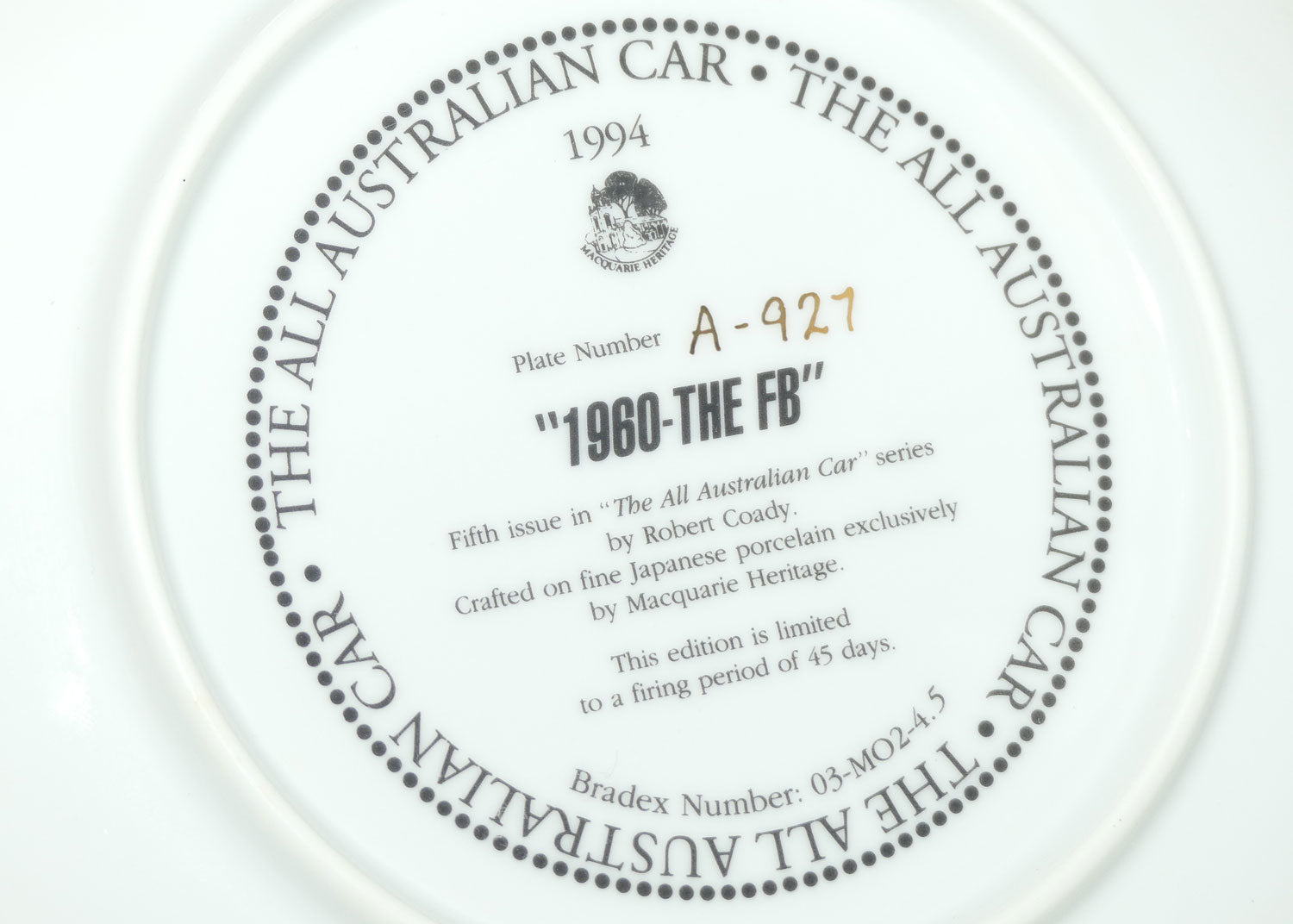 Bradex 03 M02 4.5 plate | The All Australian Car Series | 1960 The FB Holden | Plate Number A-927