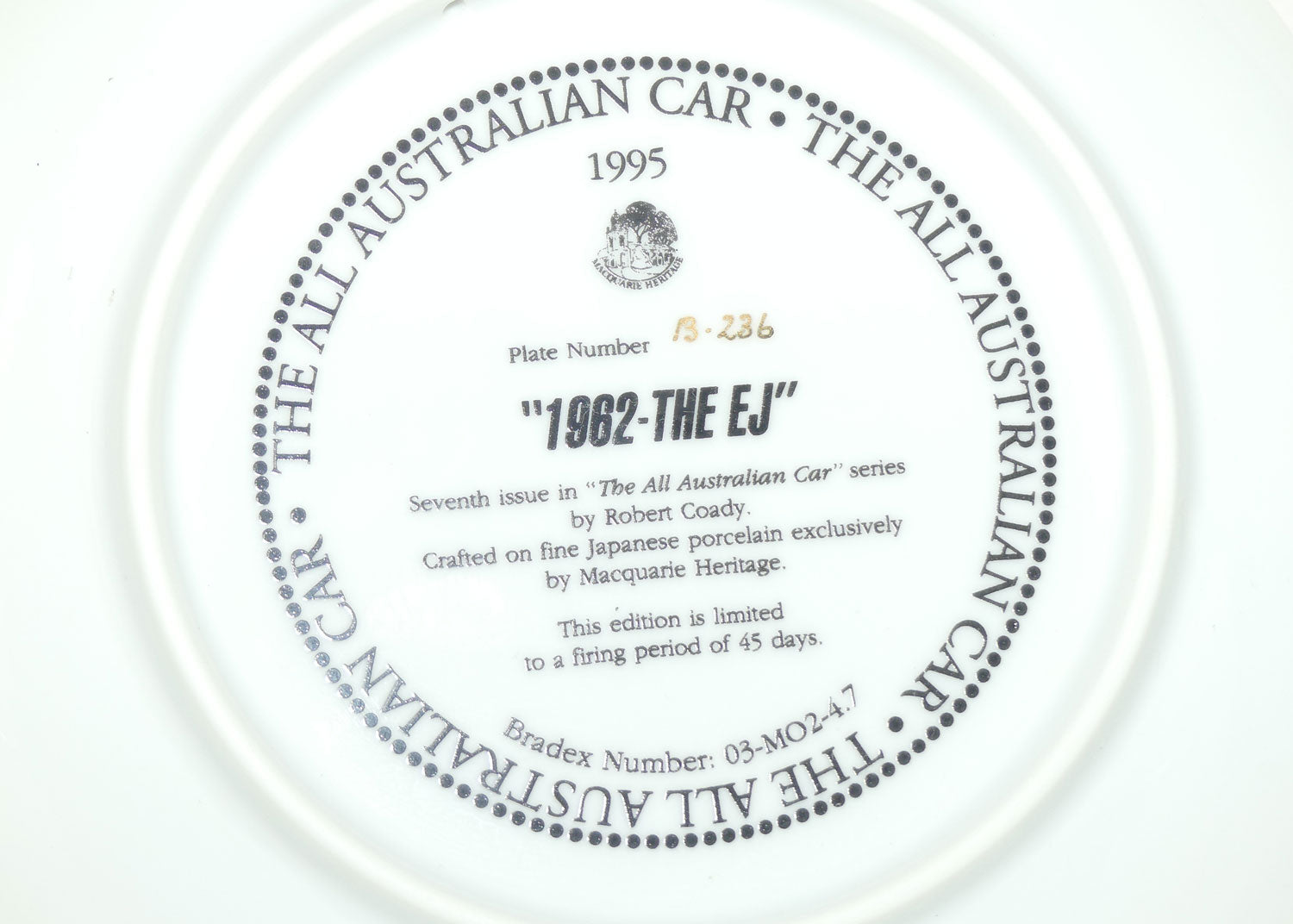 Bradex 03 M02 4.7 plate | The All Australian Car Series | 1962 The EJ Holden | Plate Number B-236