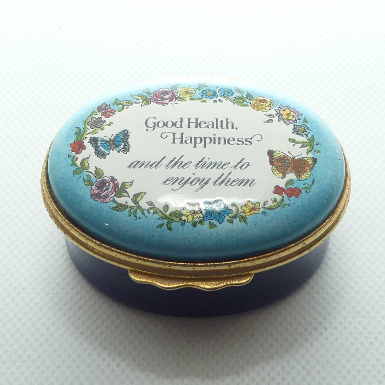 Bilston and Battersea | designed by Halycon Days Enamels trinket box | Good Health, Happiness and the time to enjoy them