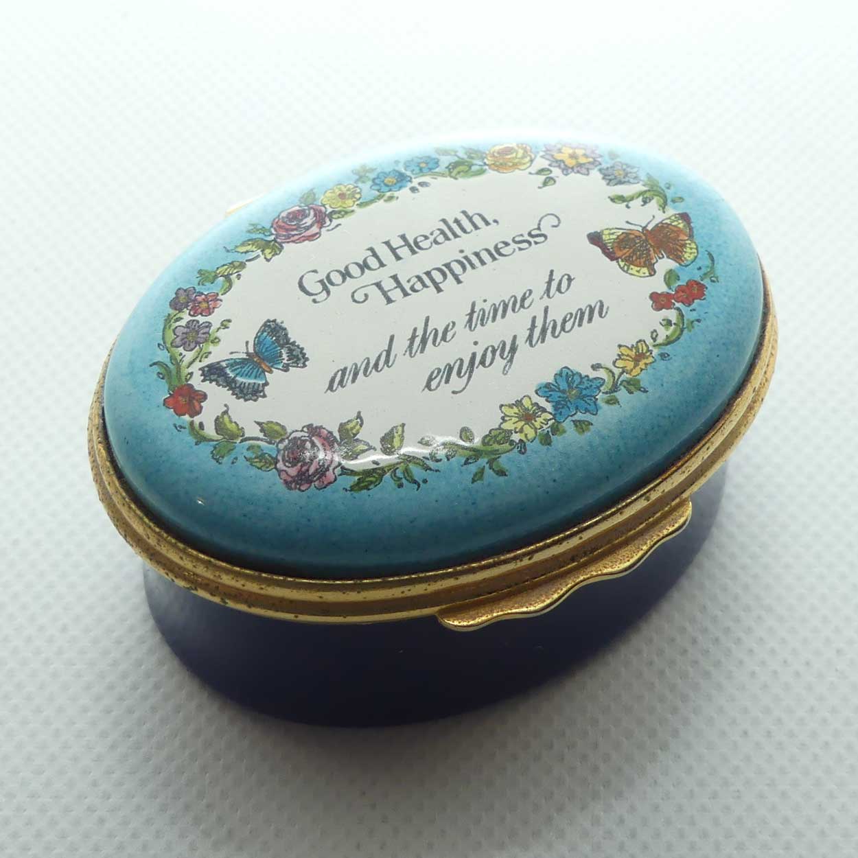 Bilston and Battersea | designed by Halycon Days Enamels trinket box | Good Health, Happiness and the time to enjoy them