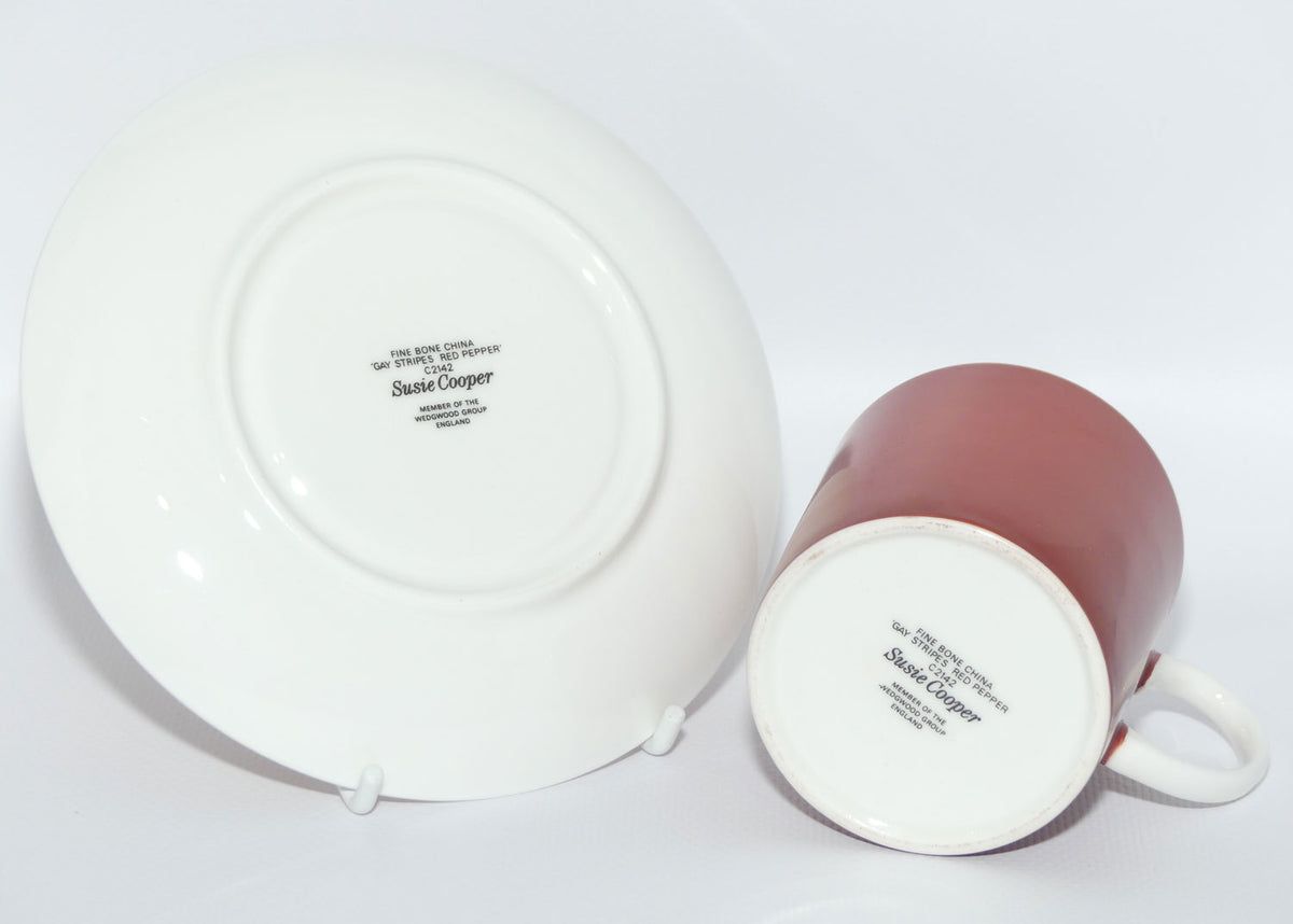 Susie Cooper Gay Stripes series | C2142 Red Pepper demi tasse duo