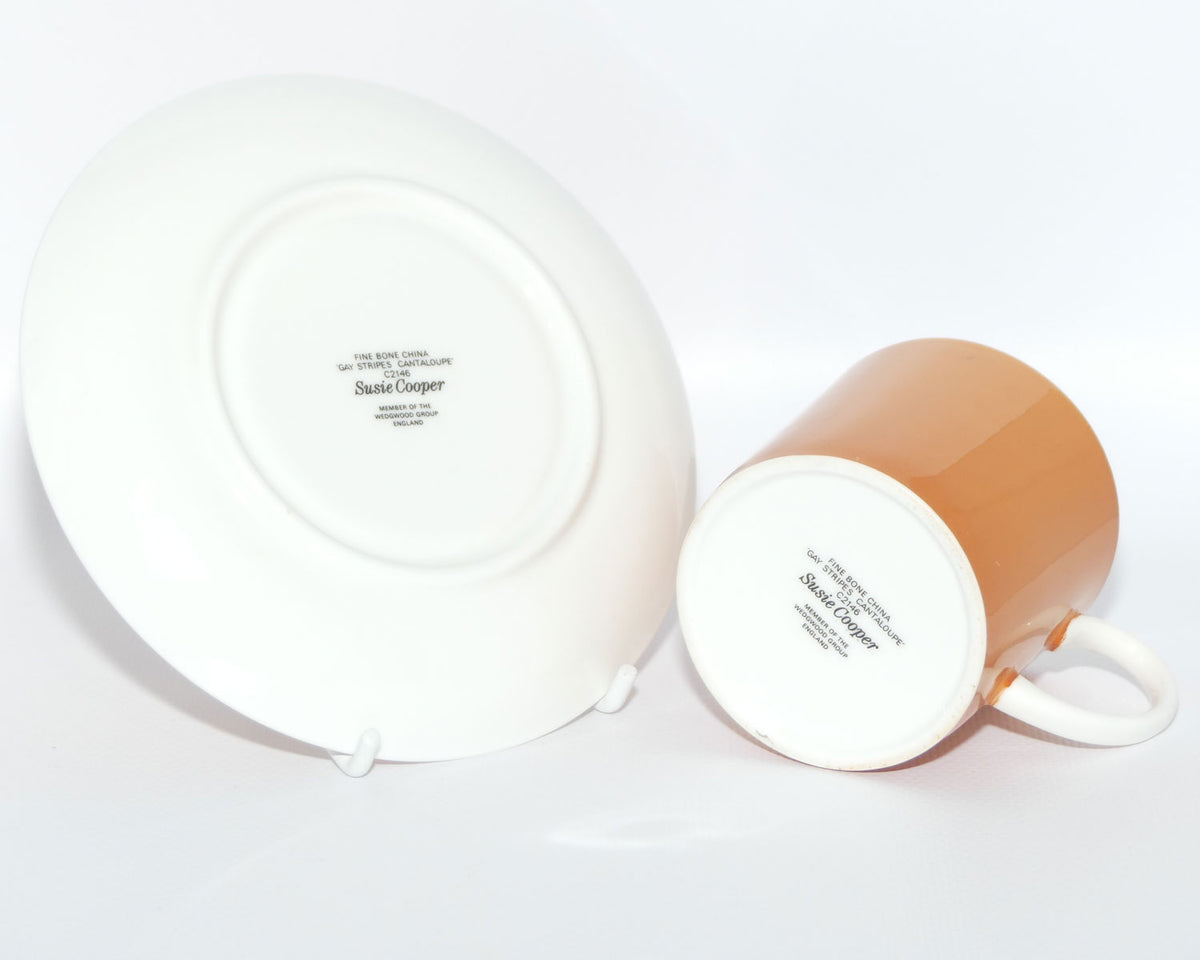 Susie Cooper Gay Stripes series | C2146 Cantaloupe demi tasse duo