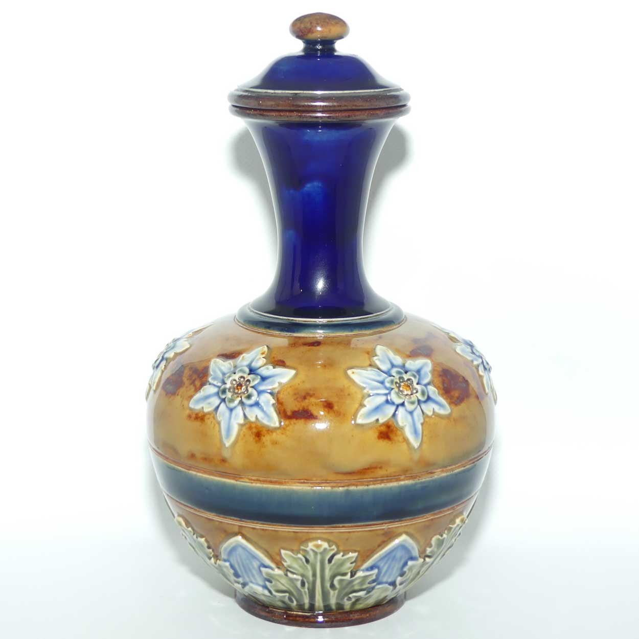 Doulton Lambeth Blue glaze Floral pattern lidded Apothecary Jar | made for Claudius Ash & Sons Ltd London | 9932