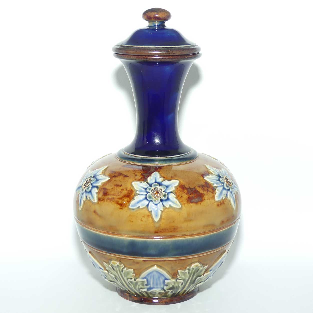 Doulton Lambeth Blue glaze Floral pattern lidded Apothecary Jar | made for Claudius Ash & Sons Ltd London | 9932