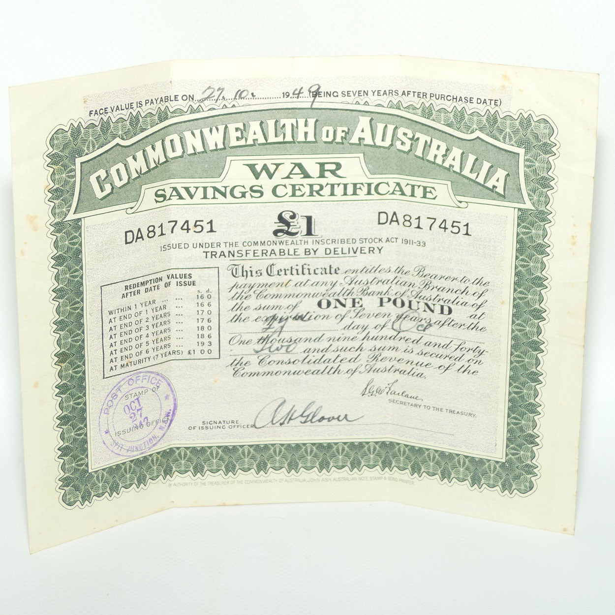 Commonwealth of Australia War Savings Certificate | dated 1942 with Signature of Issuing Officer