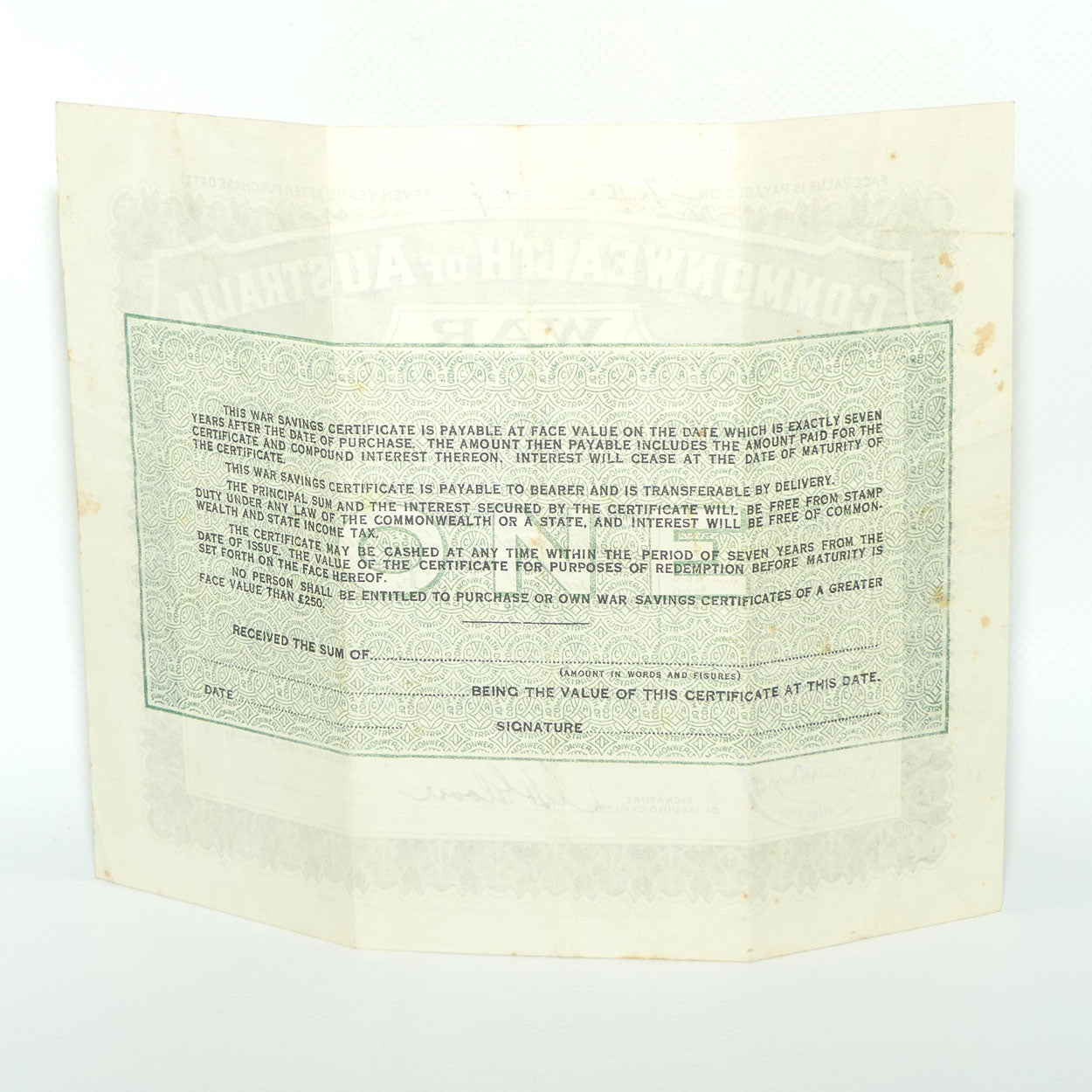 Commonwealth of Australia War Savings Certificate | dated 1942 with Signature of Issuing Officer