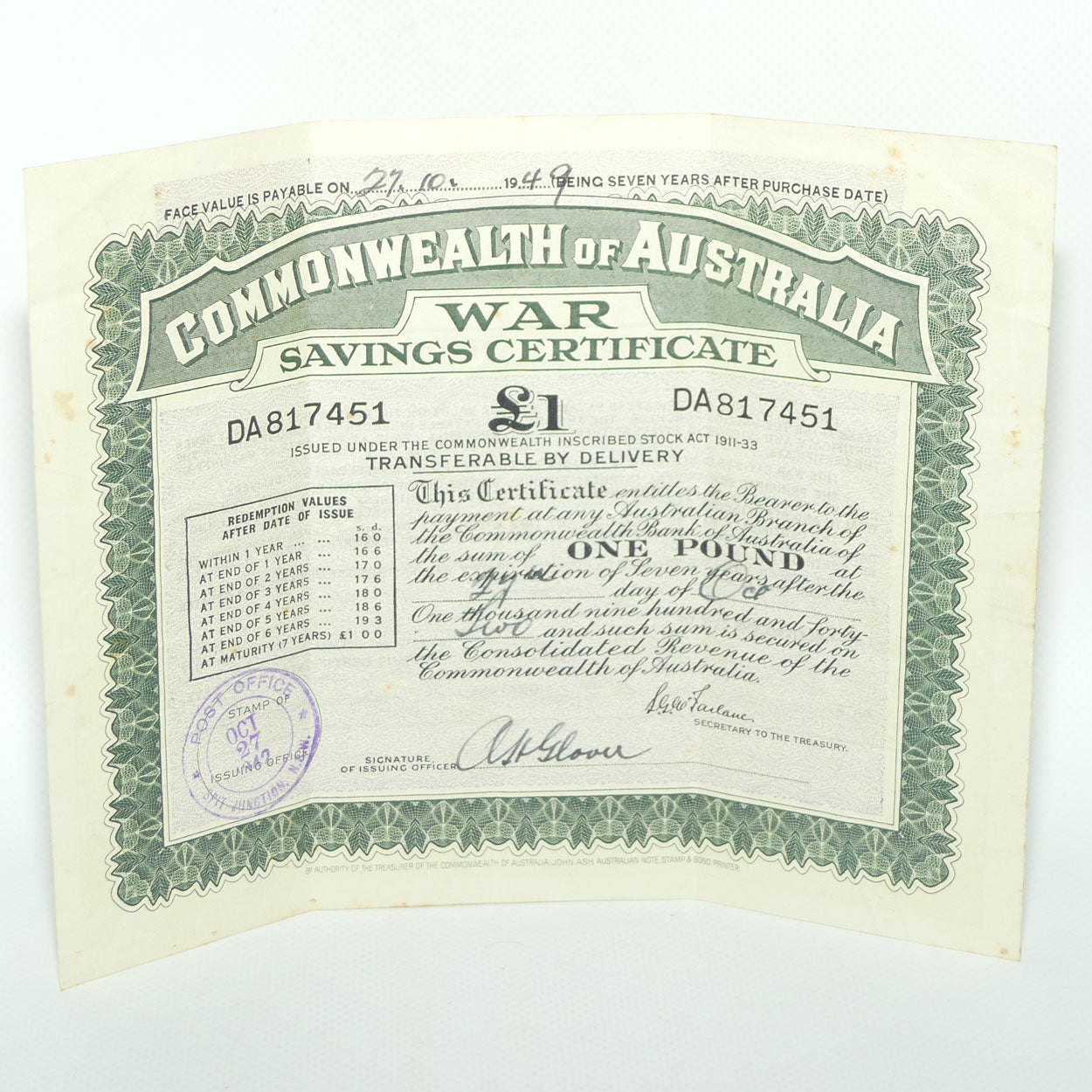Commonwealth of Australia War Savings Certificate | dated 1942 with Signature of Issuing Officer