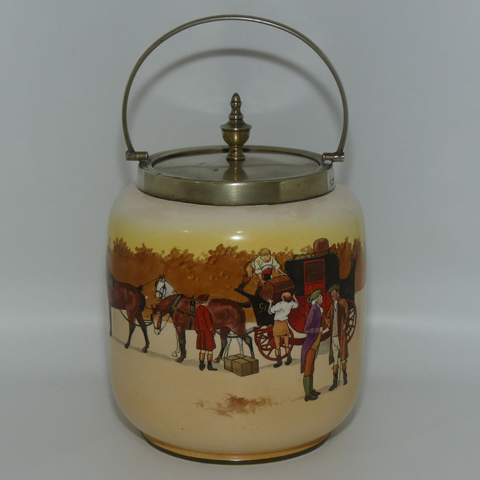 Royal Doulton Coaching Days biscuit barrel | EP lid and round handle D2716