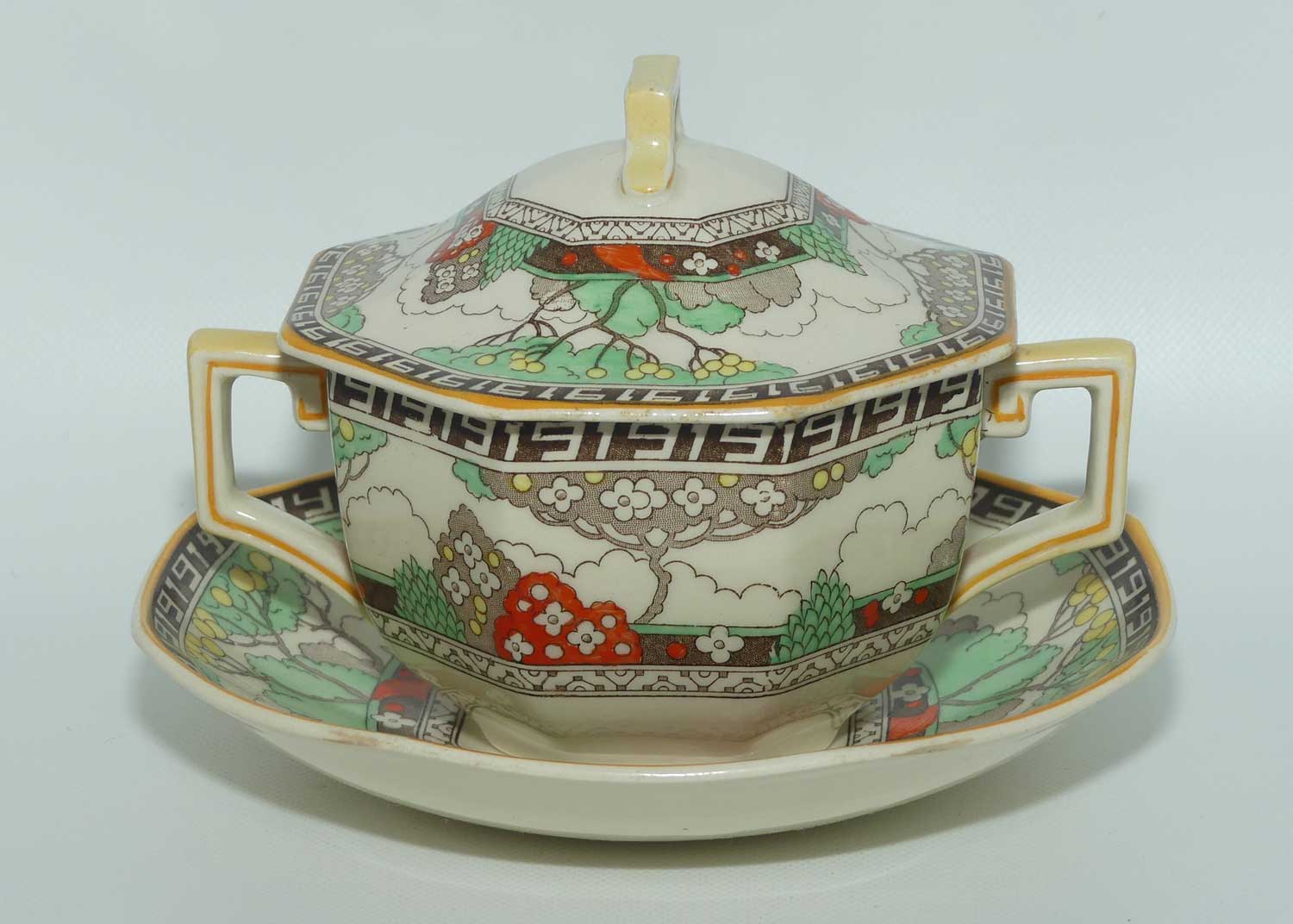 Royal Doulton Art Deco octagonal covered pot and underplate D5805