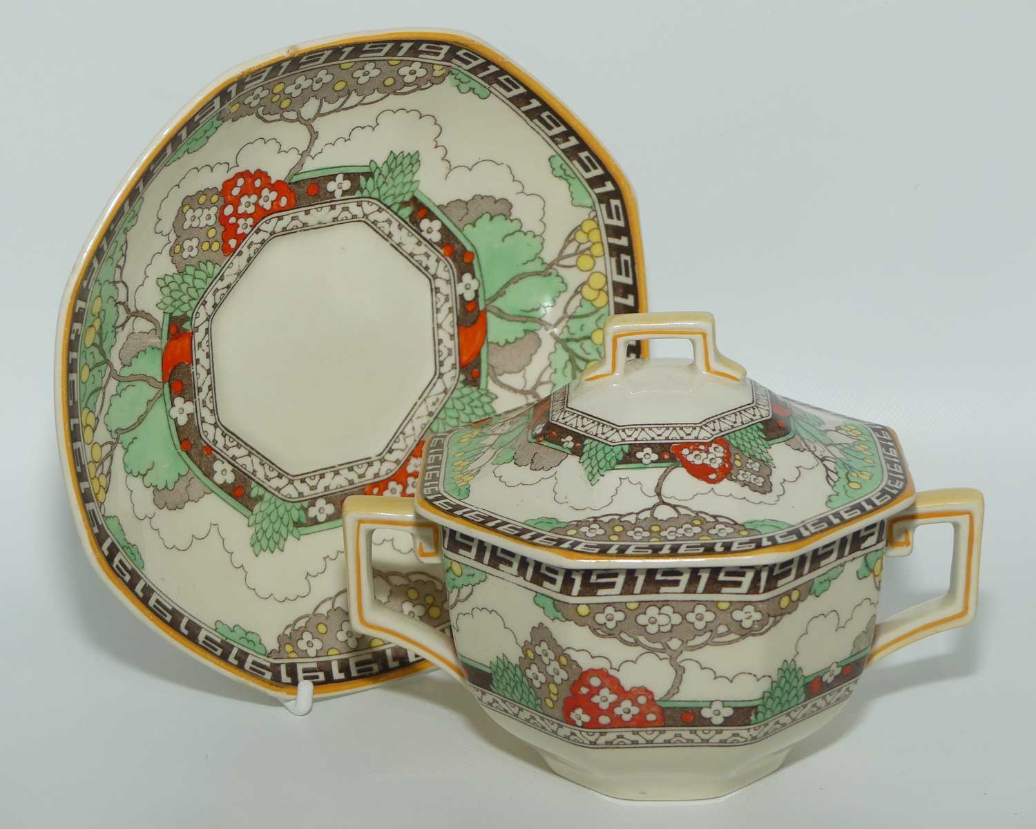 Royal Doulton Art Deco octagonal covered pot and underplate D5805