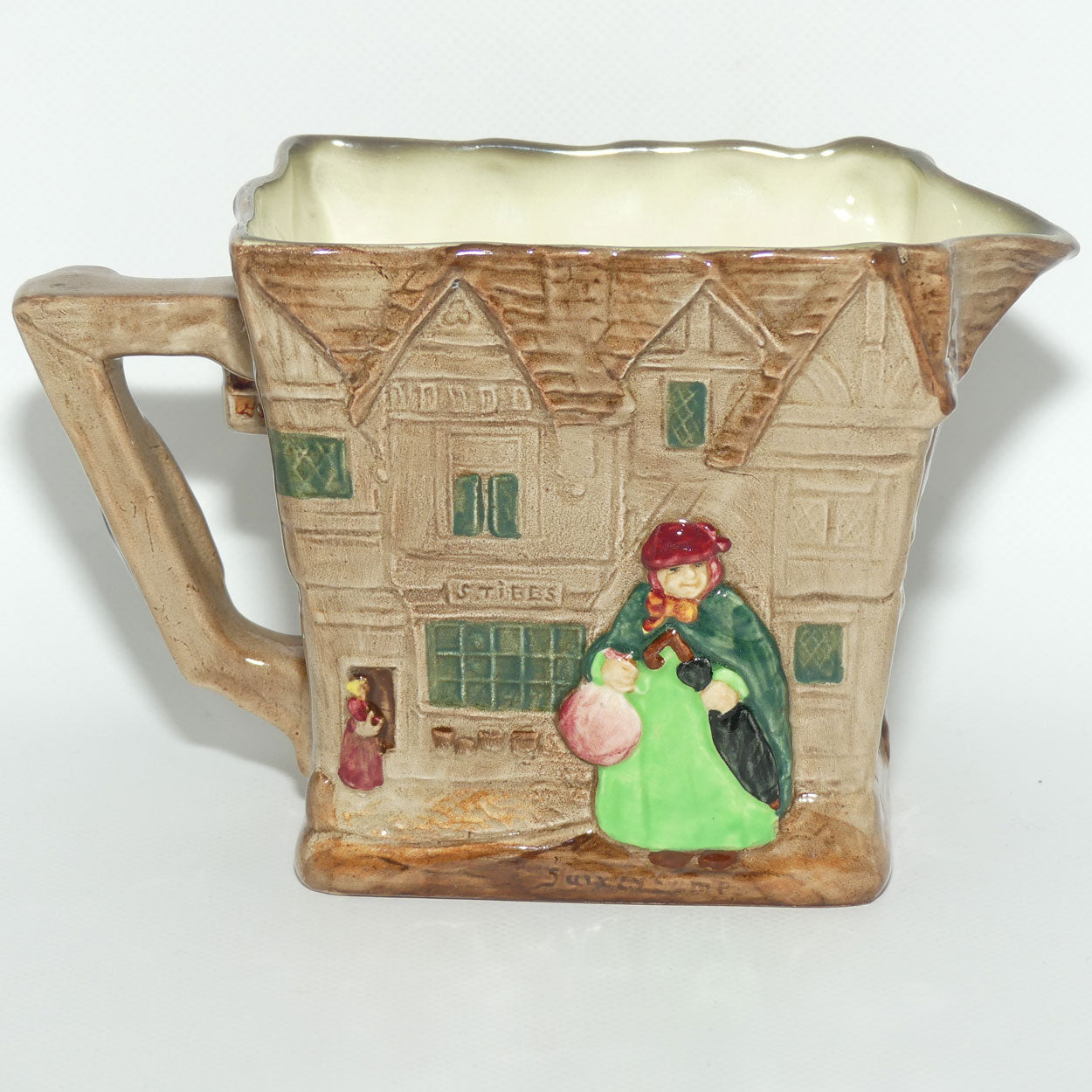 Royal Doulton Dickens G Low Relief Old London jug | Depicts London in Dicken's Day with Old Charley and Sairey Gamp D6291