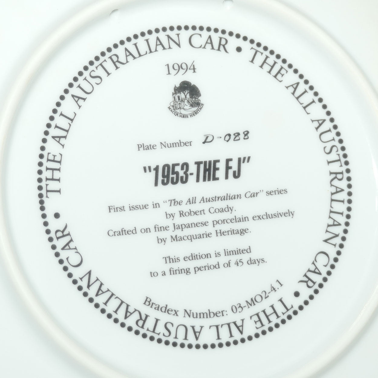 Bradex 03 M02 4.1 plate | The All Australian Car Series | 1953 The FJ Holden | Plate Number D-088