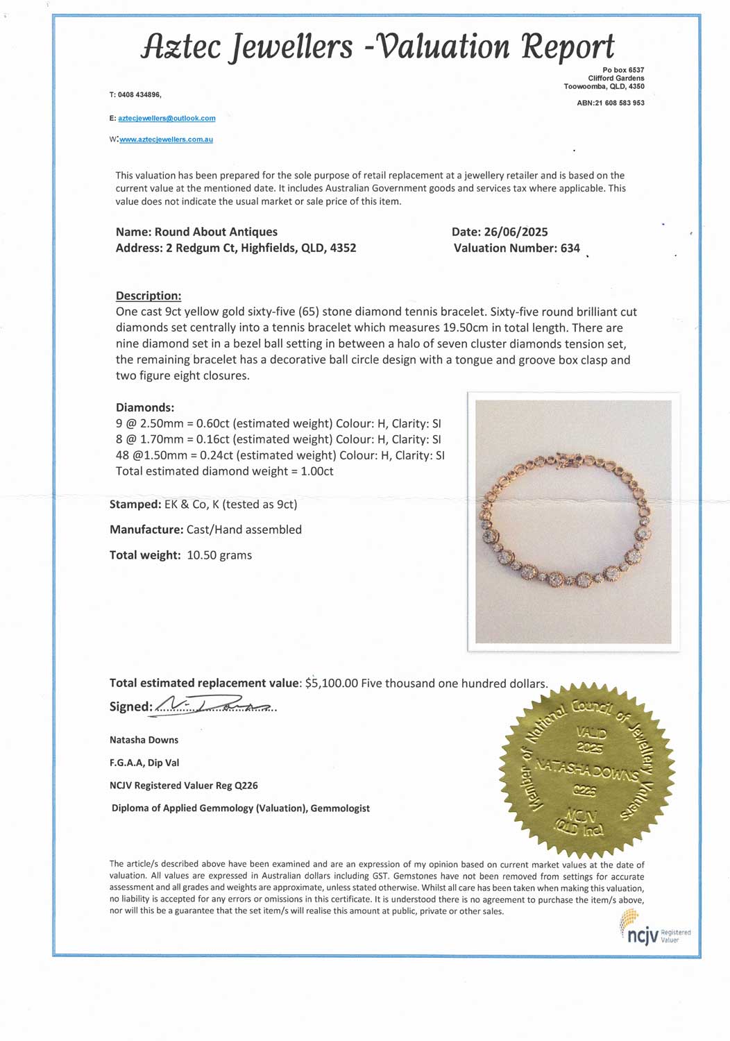 9ct Yellow Gold 65 stone Diamond Tennis bracelet | Total Diamond Weight 1ct