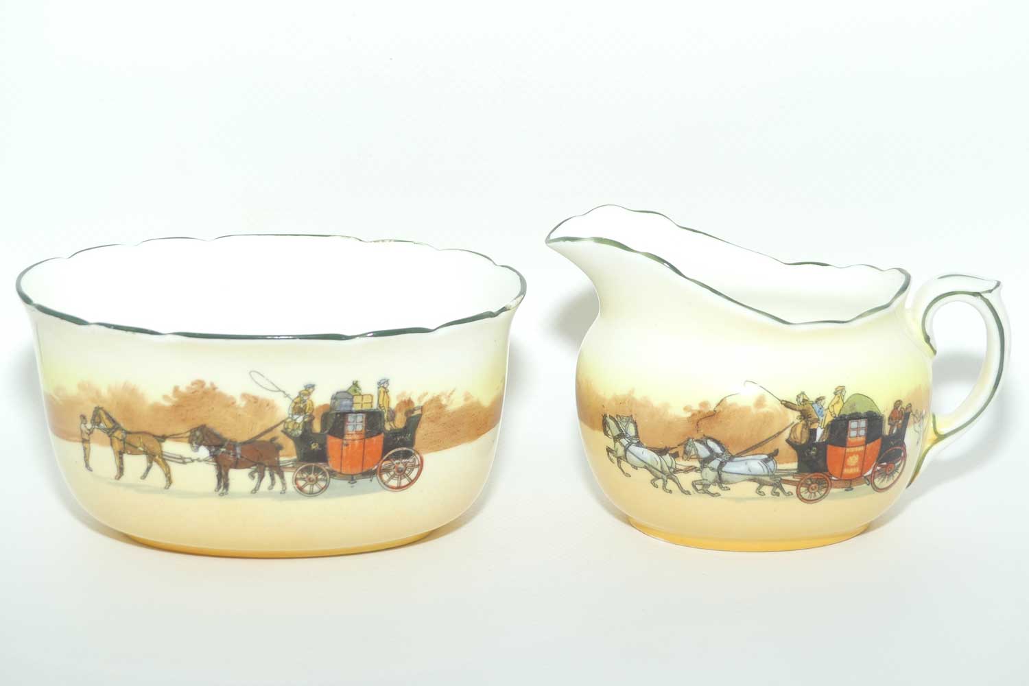 Royal Doulton Coaching Days milk jug and sugar bowl E3804 | Fancy Shape | Bone China