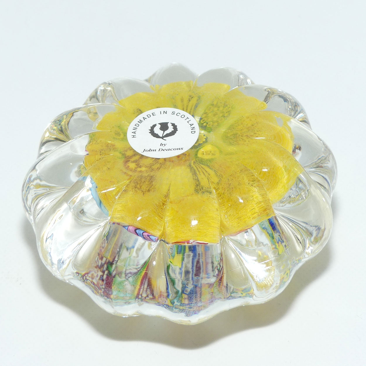 John Deacons Scotland | Daisy shape Magnum paperweight | End of Day | Yellow