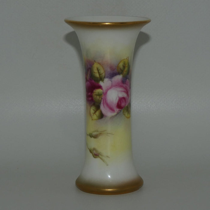 Royal Worcester hand painted and gilt Roses trumpet vase (Fairsey)