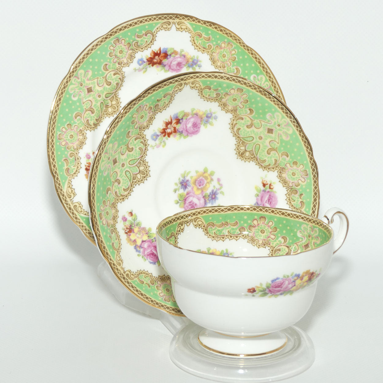 Paragon Bone China fine tea trio | Green Floral pattern