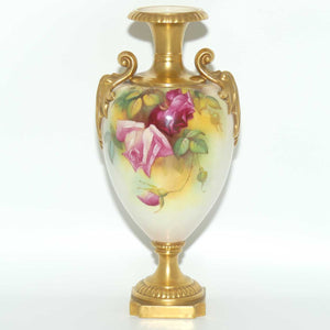 Royal Worcester hand painted roses handled vase with square base (Hunt)