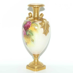 Royal Worcester hand painted roses handled vase with square base (Hunt)