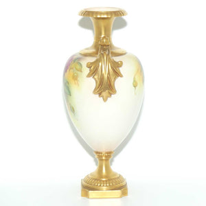 Royal Worcester hand painted roses handled vase with square base (Hunt)