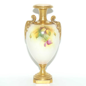 Royal Worcester hand painted roses handled vase with square base (Hunt)