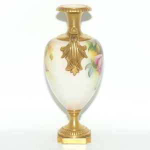 Royal Worcester hand painted roses handled vase with square base (Hunt)