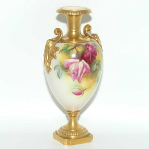 Royal Worcester hand painted roses handled vase with square base (Hunt)