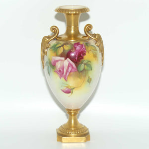 Royal Worcester hand painted roses handled vase with square base (Hunt)