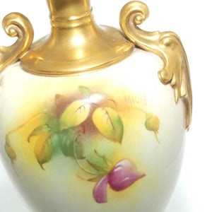 Royal Worcester hand painted roses handled vase with square base (Hunt)