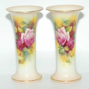 Royal Worcester hand painted pair of matched opposing scene roses very tall trumpet vases (Hunt)