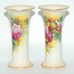 Royal Worcester hand painted pair of matched opposing scene roses very tall trumpet vases (Hunt)